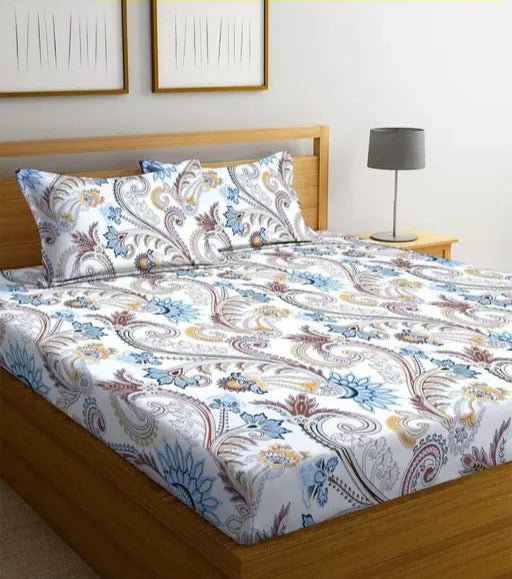 Super Soft Glace Cotton Elastic Fitted Double Bed Bedsheet I with 2 Pillow Covers – 72x78x8