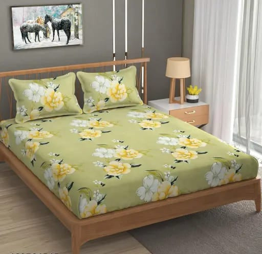 Super Soft Glace Cotton Fitted Double Bedsheet with 2 Pillow Covers | 72x78x8 | All-Round Elastic