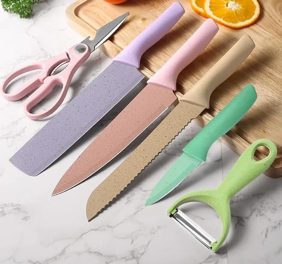 πͺ 6-Piece Kitchen Knife Set β Stainless Steel Chef Knives, Bread Knife, Peeler, Scissors & More (Assorted Colors, Pack of 1)