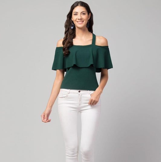 Airbiter Collection Women’s Green Cold-Shoulder Top – Cotton Blend, Solid Mid-Length | Casual Wear | Pack of 1