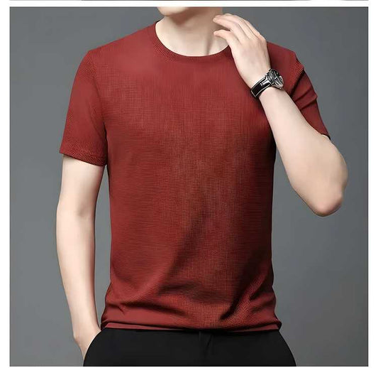 Men's 4-Way Stretch Slim Fit Round Neck T-Shirt – Poly Cotton, Solid Maroon, Half Sleeves | Casual Wear