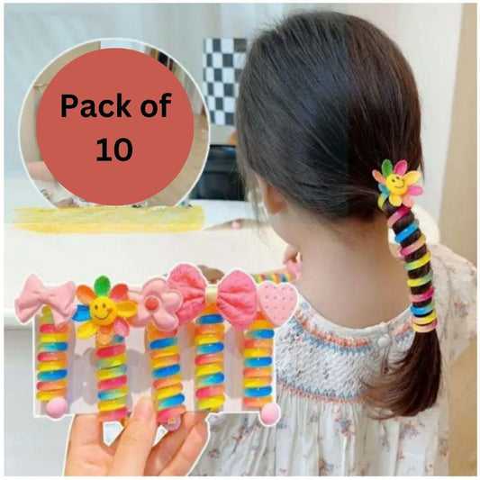 Girls' Colorful Curly Spiral Hair Bands | Elastic Ponytail Holders (Pack of 10)