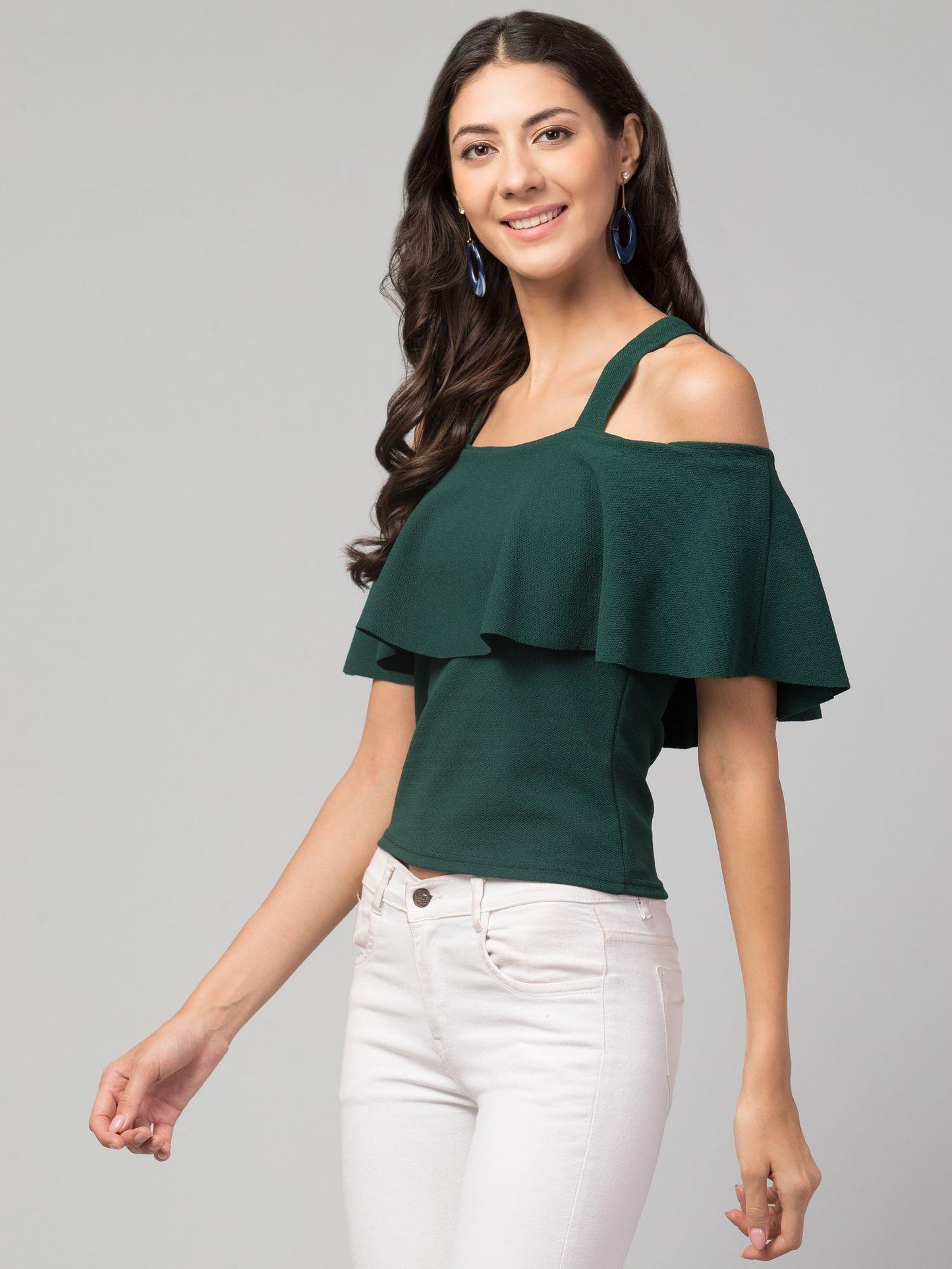 Airbiter Collection Women’s Green Cold-Shoulder Top – Cotton Blend, Solid Mid-Length | Casual Wear | Pack of 1