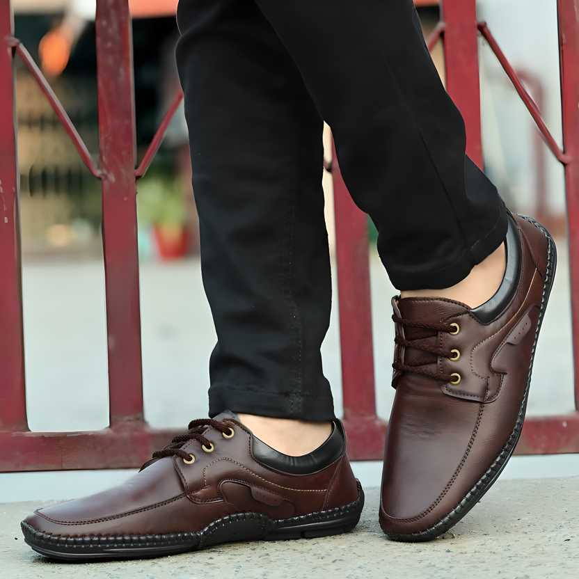Rising Wolf Men’s Daily Wear Loafers – Brown Synthetic Leather Casual Shoes | Lace-Up