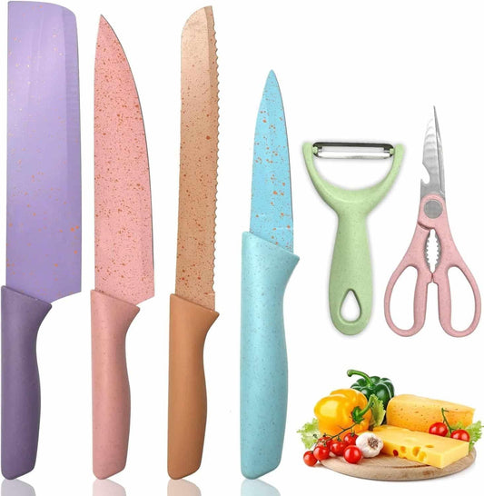 🔪 6-Piece Kitchen Knife Set – Stainless Steel Chef Knives, Bread Knife, Peeler, Scissors & More (Assorted Colors, Pack of 1)