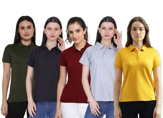 Ketex Women's Cotton Blend Polo T-Shirts – Pack of 5 | Solid Colors, Half Sleeves, Polo Neck | Casual Wear, Multicolor