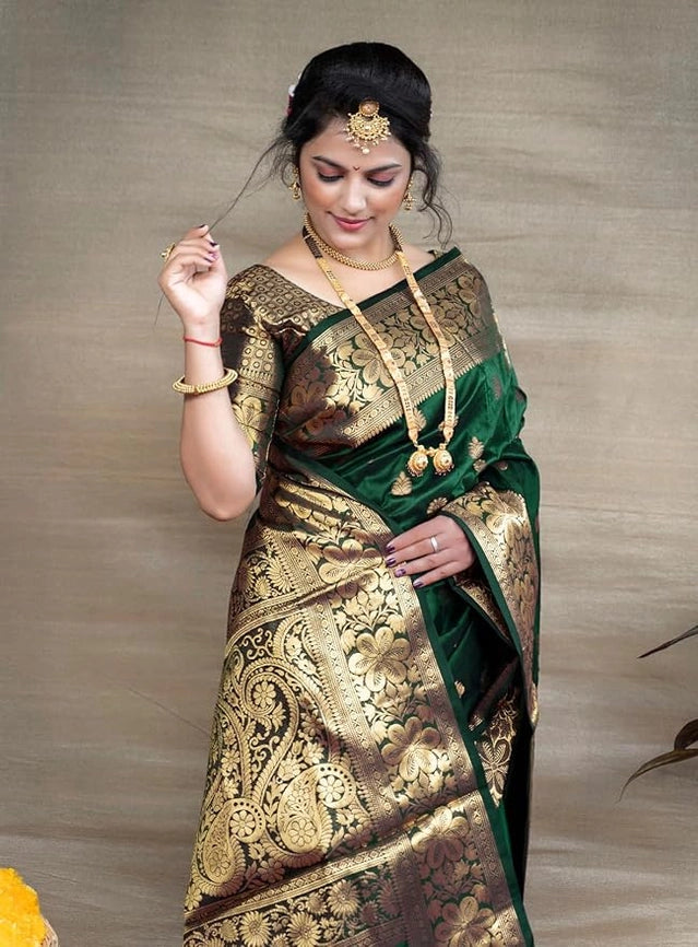Banarasi Silk Woven Design Saree for Women – Green, 6.3 m with Blouse Piece