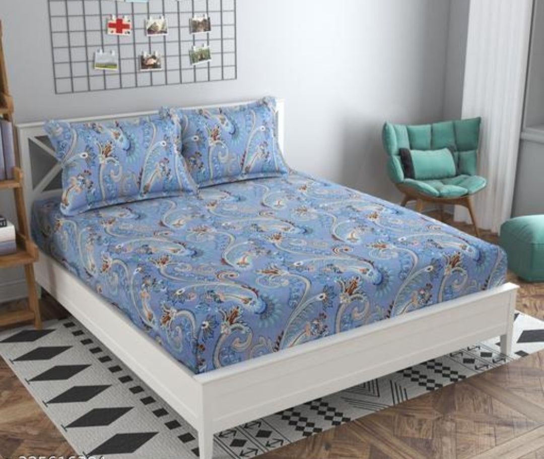 Super Soft Glace Cotton Elastic Fitted Double Bed Bedsheet I with 2 Pillow Covers – 72x78x8