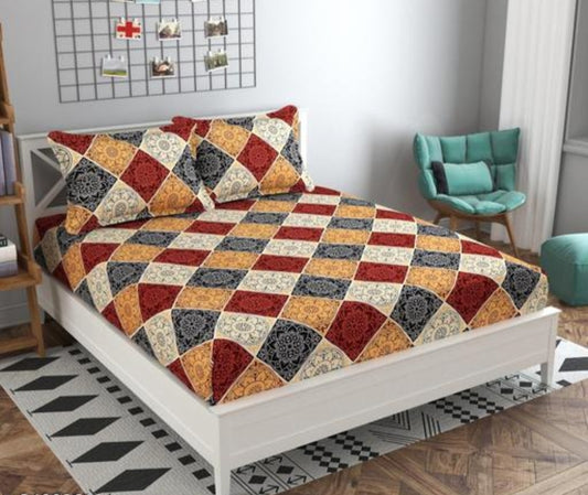Super Soft Glace Cotton Fitted Double Bedsheet with 2 Pillow Covers | 72x78x8 | All-Round Elastic