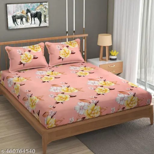 Super Soft Glace Cotton Elastic Fitted Double Bed Bedsheet I with 2 Pillow Covers – 72x78x8