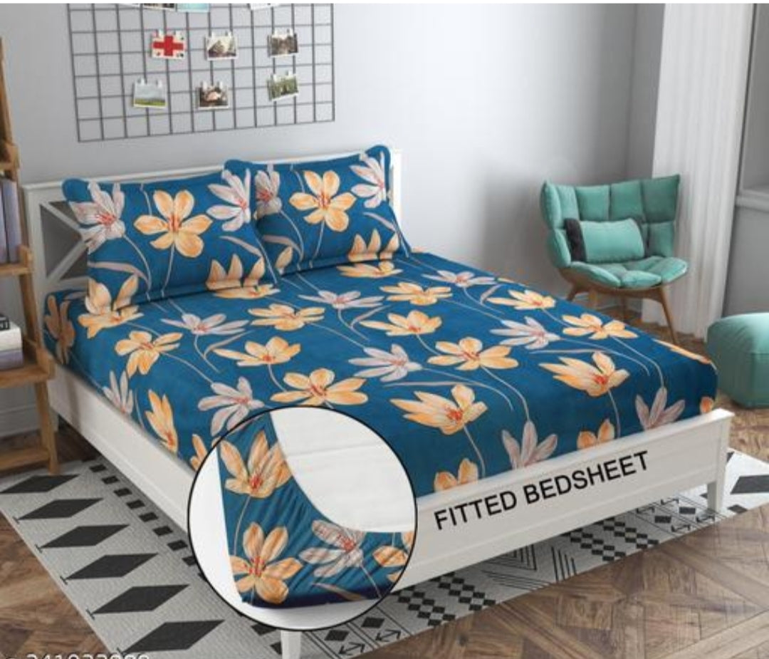 Super Soft Glace Cotton Elastic Fitted Double Bed Bedsheet I with 2 Pillow Covers – 72x78x8