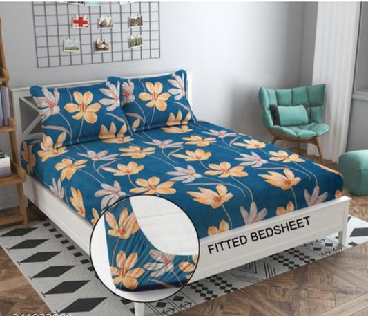 Super Soft Glace Cotton Elastic Fitted Double Bed Bedsheet I with 2 Pillow Covers – 72x78x8