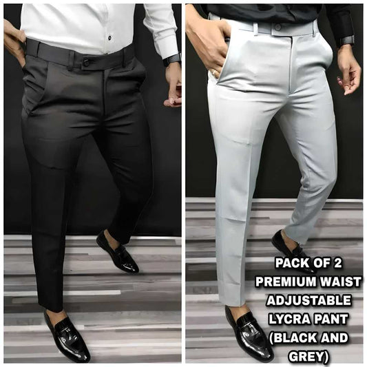 Men’s Premium Lycra Trousers | Adjustable Waist | Black & White | Solid | Casual Wear (Pack of 2)