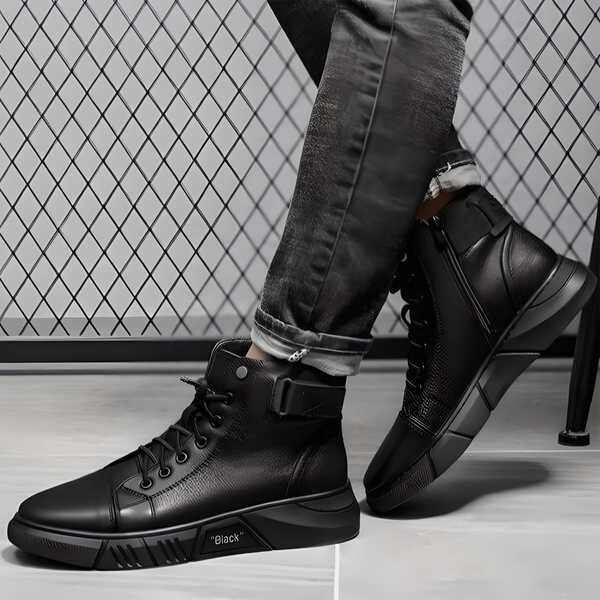 Men’s Casual Black Boots – Canvas Lace-Up Shoes with PVC Sole