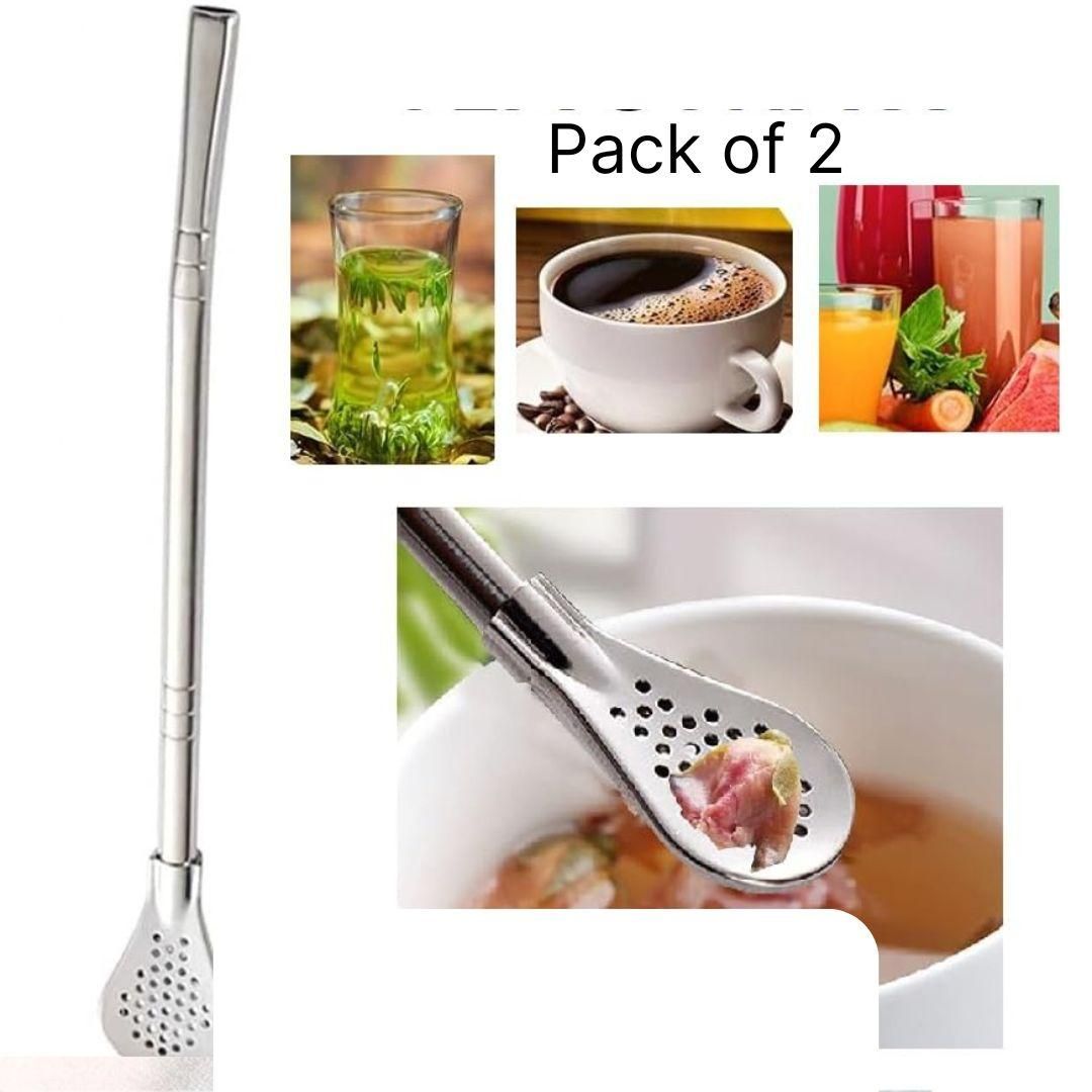 2-in-1 Stainless Steel Drinking Spoon Straws – Pack of 2 Reusable Straw-Spoons | Silver | Eco-Friendly & Durable | Ideal for Smoothies, Milkshakes, Iced Tea