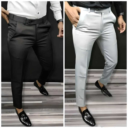 Men's Lycra Solid Slim Fit Formal Trousers – Pack of 2 | Multicolor, Stretchable Office Wear Pants
