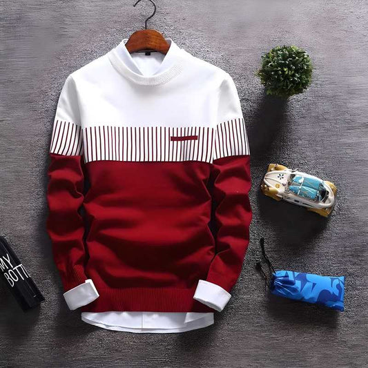 Men’s Cotton Blend Color Block T-Shirt | White-Maroon, Full Sleeves | Casual Wear (Pack of 1)