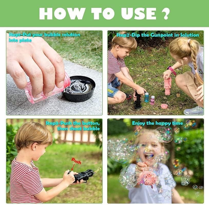 Bubble Gun - 8-Hole Automatic Gatling Bubble Blower | With 3 Bubble Water Bottles (Assorted Color)