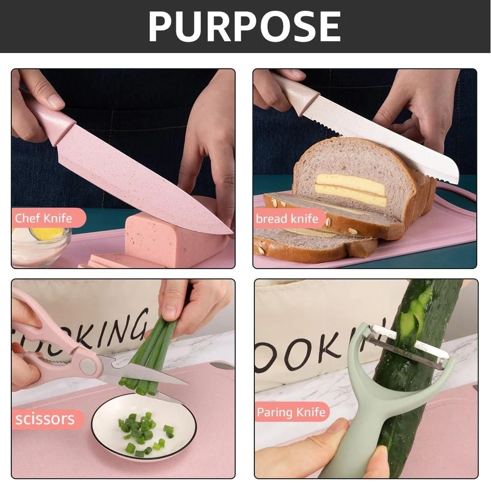 🔪 6-Piece Kitchen Knife Set – Stainless Steel Chef Knives, Bread Knife, Peeler, Scissors & More (Assorted Colors, Pack of 1)