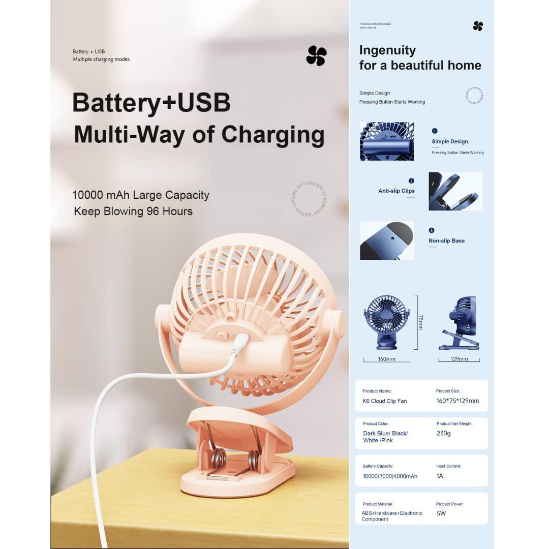 Portable USB Desk Fan I Rechargeable I Silent Airflow I Clip and Tabletop Use