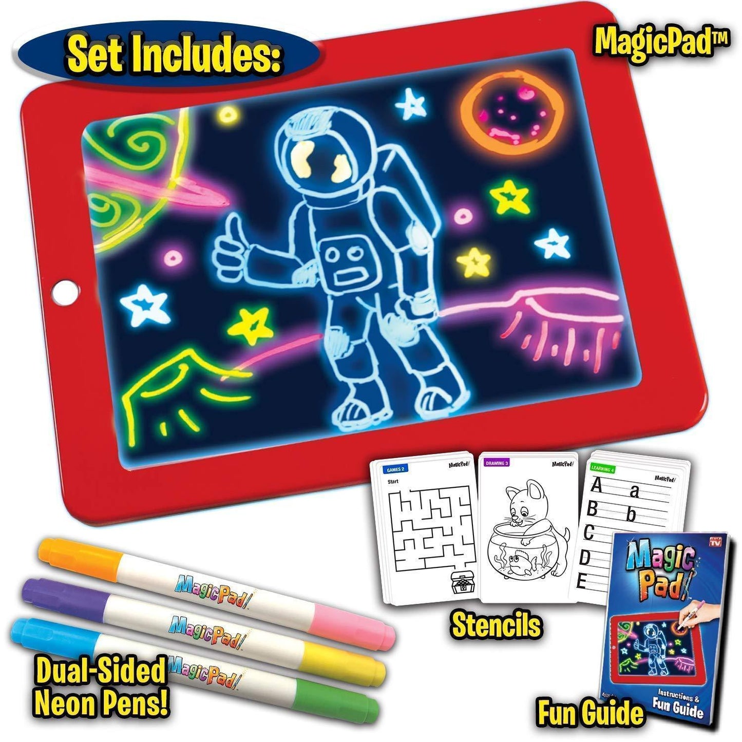 Magic Pad Light Up Drawing Board for Kids I Glow Art Doodle Tablet with Stencils