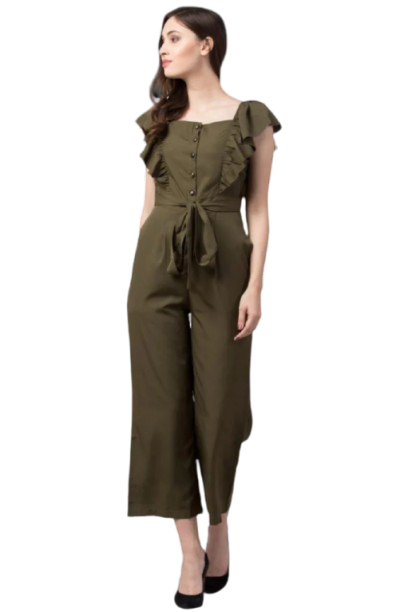 Women’s Olive Solid Jumpsuit – Box Neck, Cape Sleeves, Polyester | Elegant One-Piece | Size XS to XL
