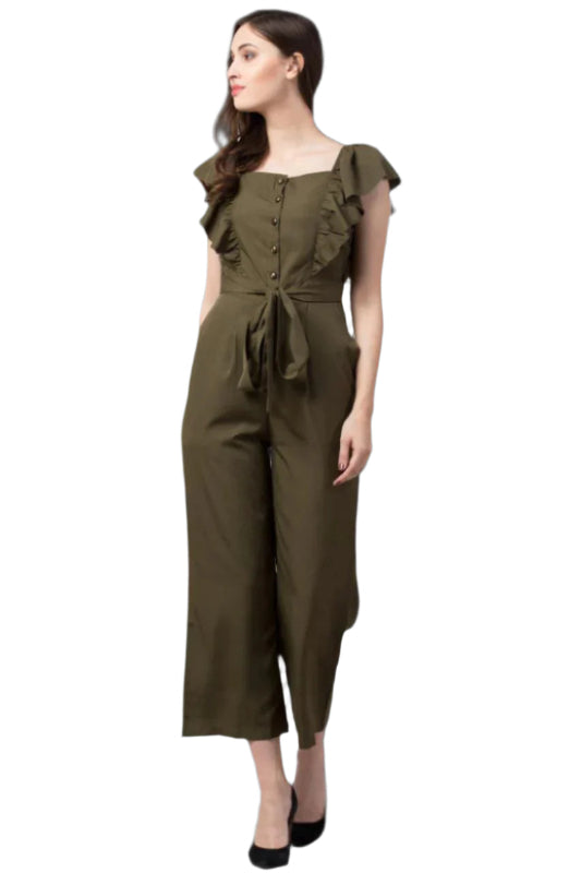 Women’s Olive Solid Jumpsuit – Box Neck, Cape Sleeves, Polyester | Elegant One-Piece | Size XS to XL