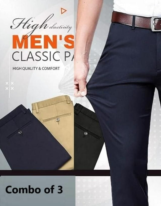 High Elasticity Men's Classic Cotton Pants – Pack of 3 | Solid Multicolor, Regular Fit, Button Closure | Everyday Casual Wear