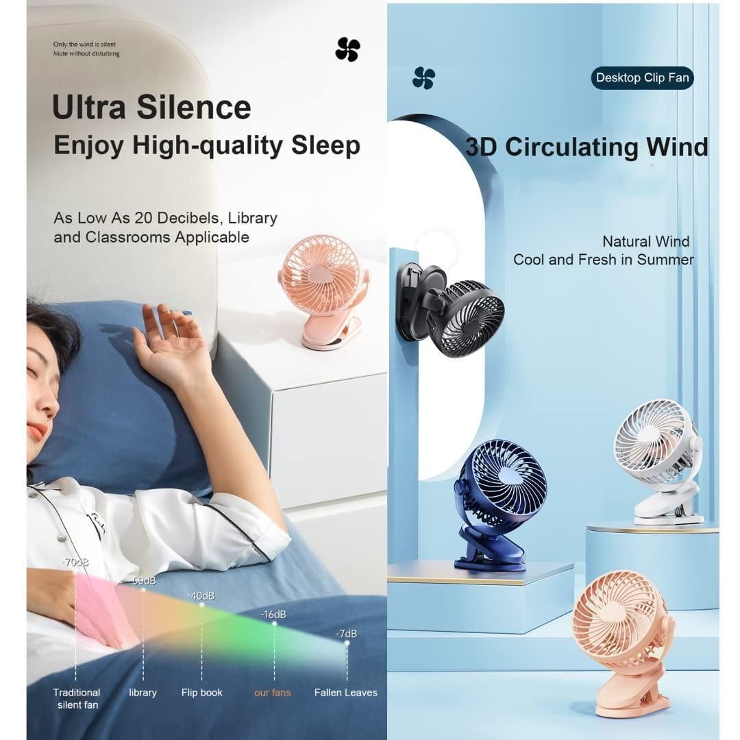 Portable USB Desk Fan I Rechargeable I Silent Airflow I Clip and Tabletop Use