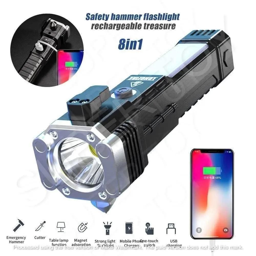 Tactical Rechargeable LED Flashlight with Power Bank and Emergency Tools