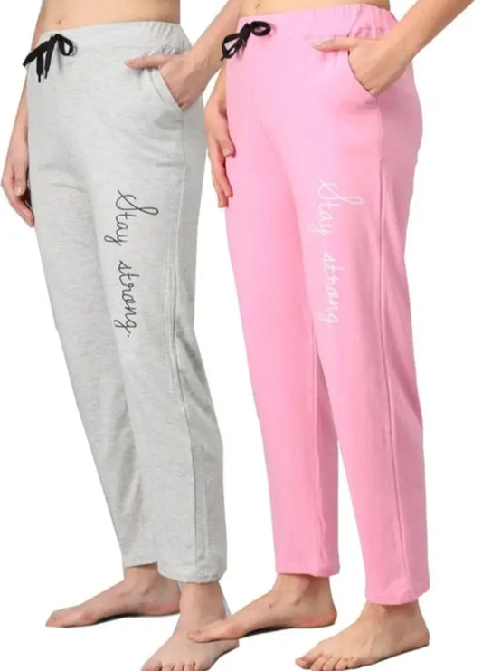 Cotton Blend Straight Fit Trouser for Women I Grey & Pink I Size M I Pack of 2